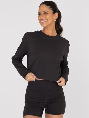 Polo Manga Larga Para Mujer Cotton Crop Top Negro Bsoul