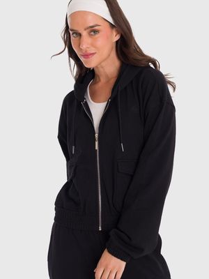 Polera Para Mujer Hoodie Zip Cargo Negro Bsoul