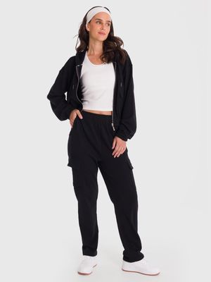 Polera Para Mujer Hoodie Zip Cargo Negro Bsoul